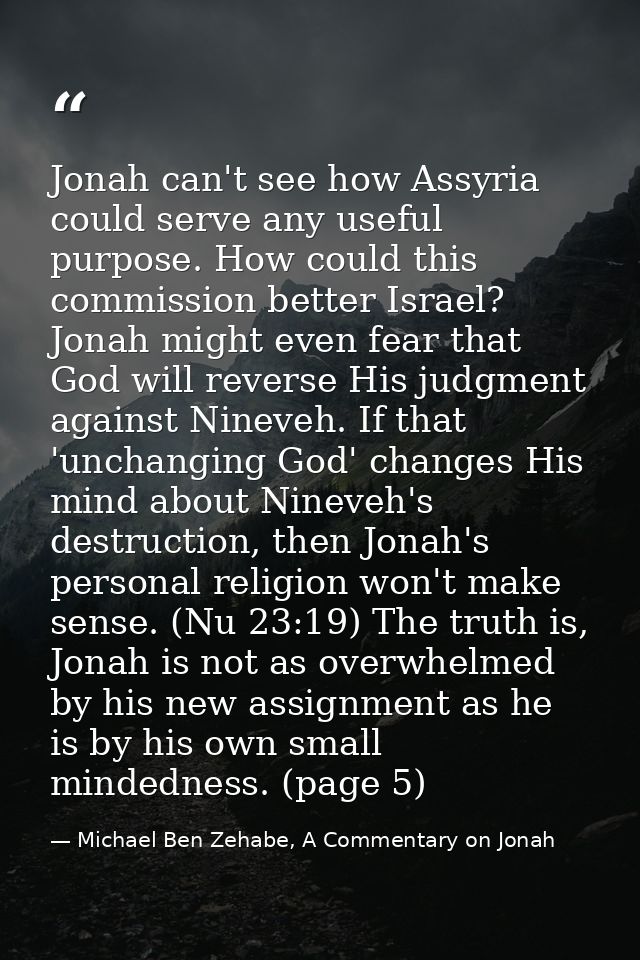Jonah can't see how Assyria could serve any useful purpose. How could this commission better Israel? Jonah might even fe — Michael Ben Zehabe, A Commentary on Jonah