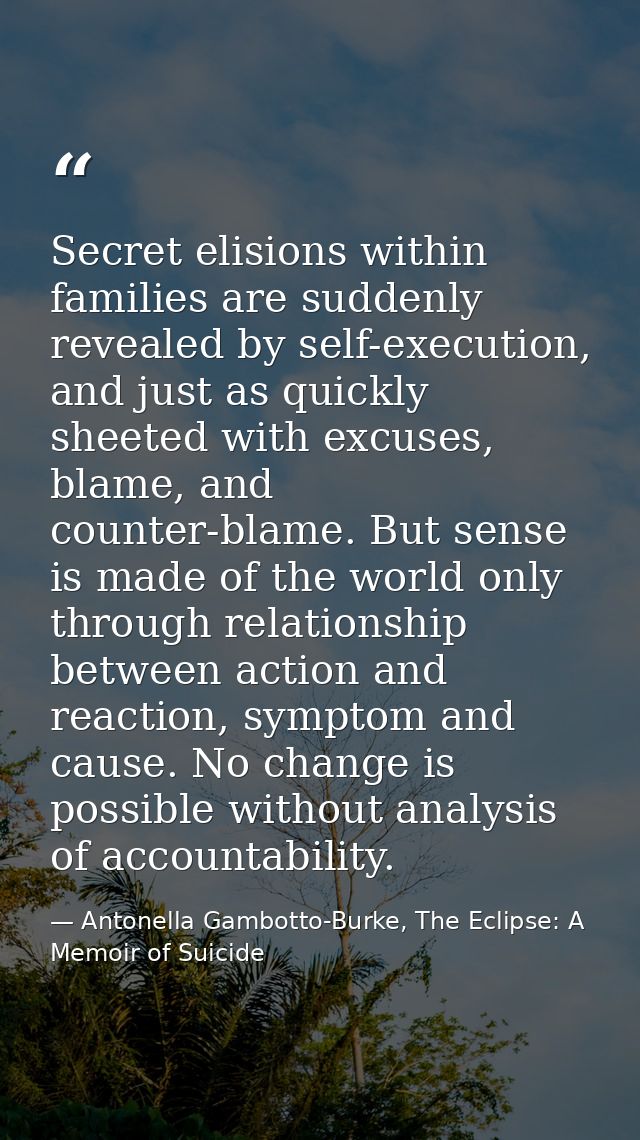 Secret elisions within families are suddenly revealed by self-execution, and just as quickly sheeted with excuses, blame — Antonella Gambotto-Burke, The Eclipse: A Memoir of Suicide