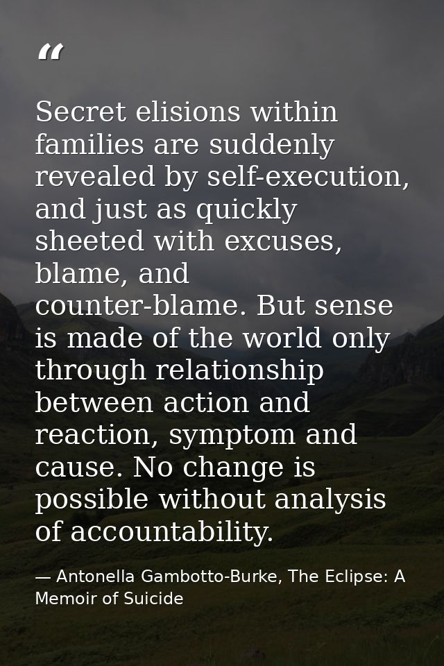 Secret elisions within families are suddenly revealed by self-execution, and just as quickly sheeted with excuses, blame — Antonella Gambotto-Burke, The Eclipse: A Memoir of Suicide