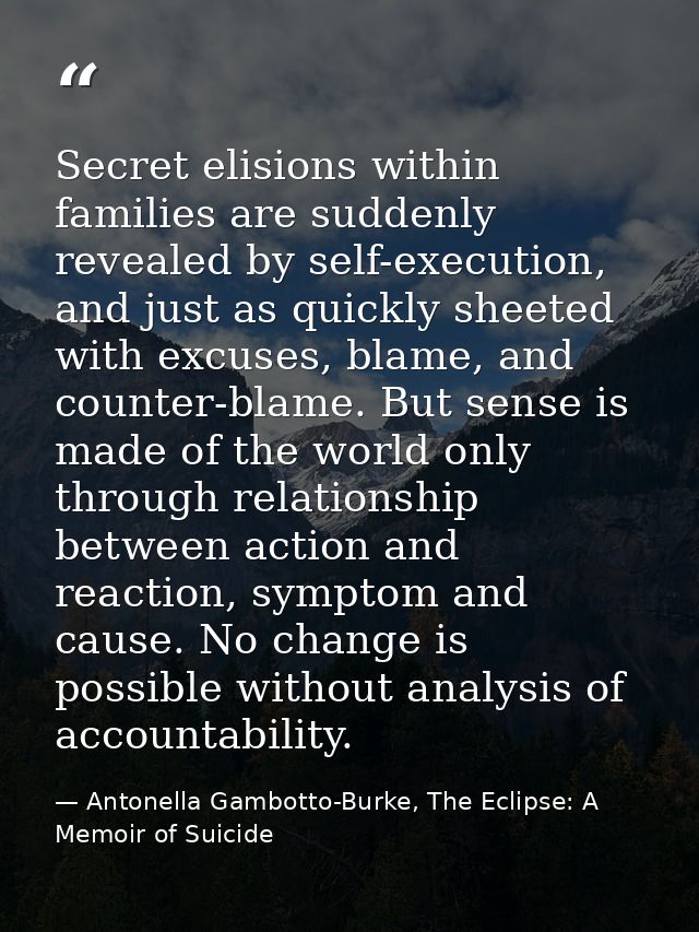 Secret elisions within families are suddenly revealed by self-execution, and just as quickly sheeted with excuses, blame — Antonella Gambotto-Burke, The Eclipse: A Memoir of Suicide
