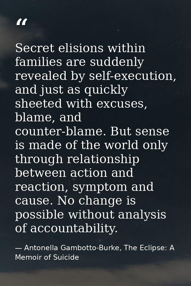 Secret elisions within families are suddenly revealed by self-execution, and just as quickly sheeted with excuses, blame — Antonella Gambotto-Burke, The Eclipse: A Memoir of Suicide