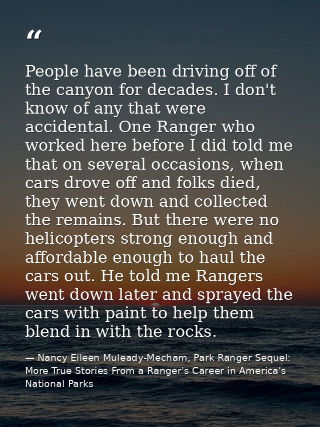 People have been driving off of the canyon for decades. I don't know of any that were accidental. One Ranger who worked  — Nancy Eileen Muleady-Mecham, Park Ranger Sequel: More True Stories From a Ranger's Career in America's National Parks