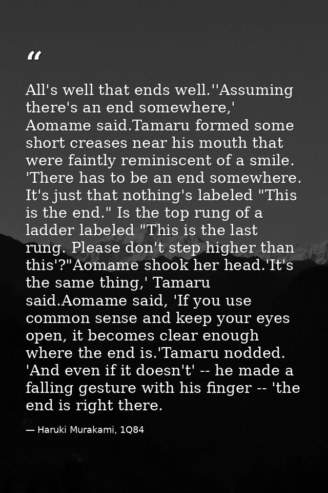 All's well that ends well.''Assuming there's an end somewhere,' Aomame said.Tamaru formed some short creases near his mo — Haruki Murakami, 1Q84