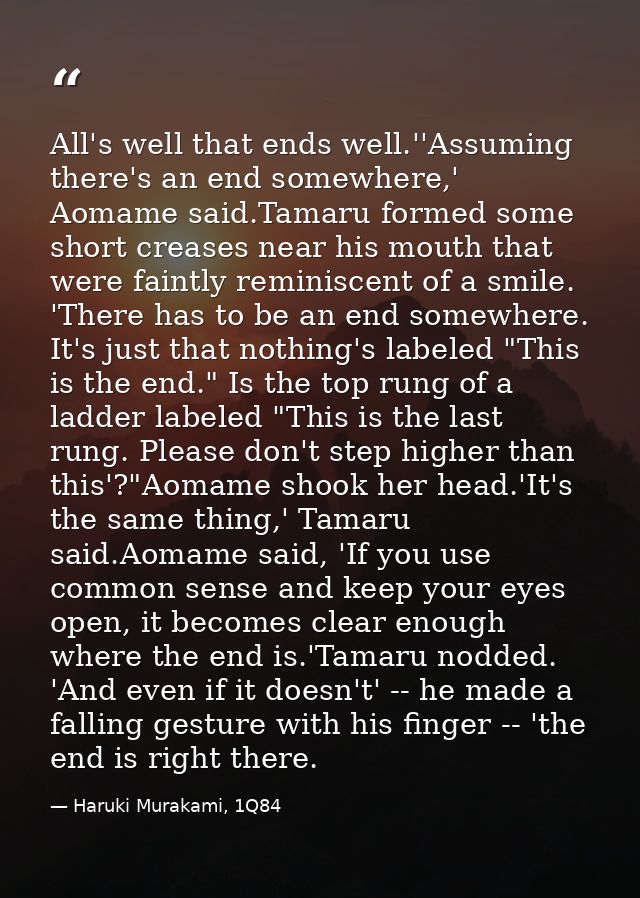 All's well that ends well.''Assuming there's an end somewhere,' Aomame said.Tamaru formed some short creases near his mo — Haruki Murakami, 1Q84