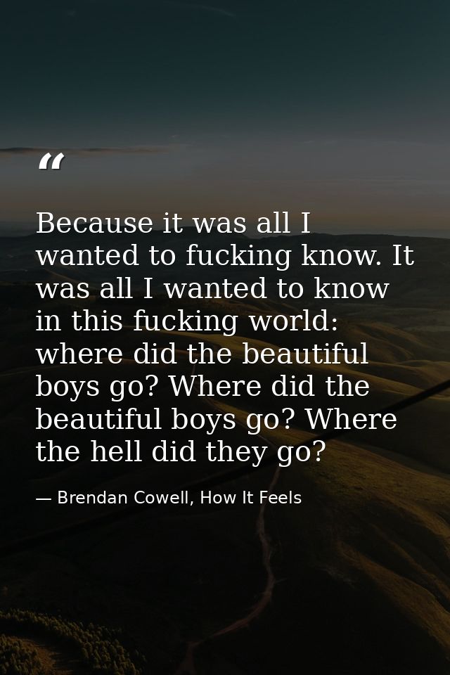 Because it was all I wanted to fucking know. It was all I wanted to know in this fucking world: where did the beautiful  — Brendan Cowell, How It Feels