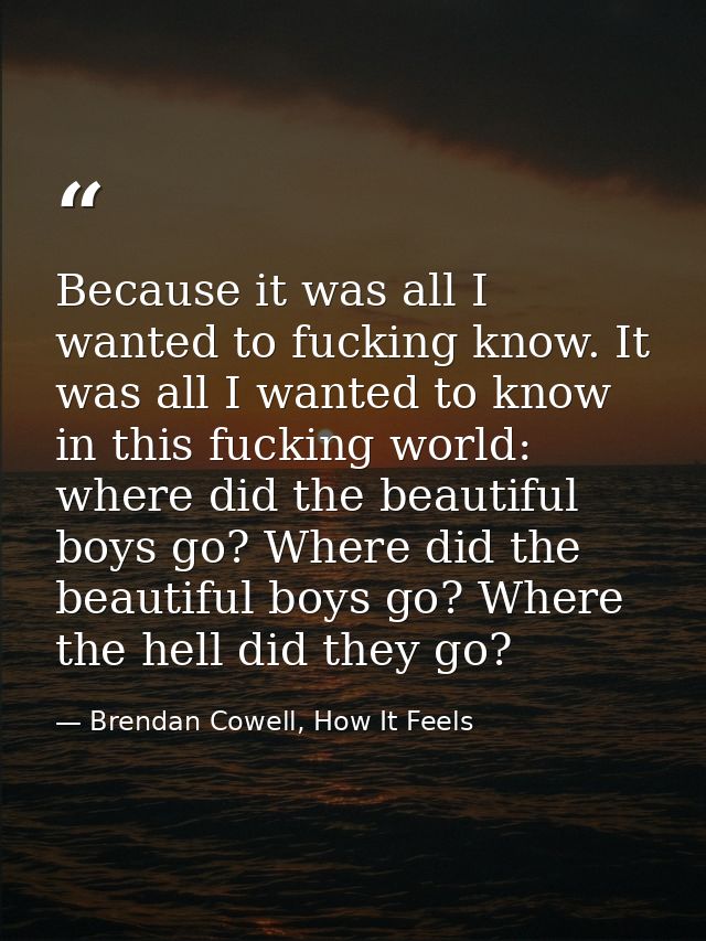 Because it was all I wanted to fucking know. It was all I wanted to know in this fucking world: where did the beautiful  — Brendan Cowell, How It Feels