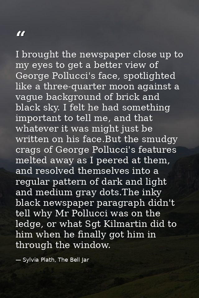 I brought the newspaper close up to my eyes to get a better view of George Pollucci's face, spotlighted like a three-qua — Sylvia Plath, The Bell Jar