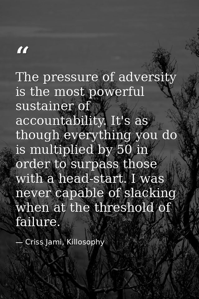 The pressure of adversity is the most powerful sustainer of accountability. It's as though everything you do is multipli — Criss Jami, Killosophy