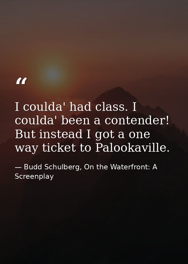 I coulda' had class. I coulda' been a contender! But instead I got a one way ticket to Palookaville. — Budd Schulberg, On the Waterfront: A Screenplay