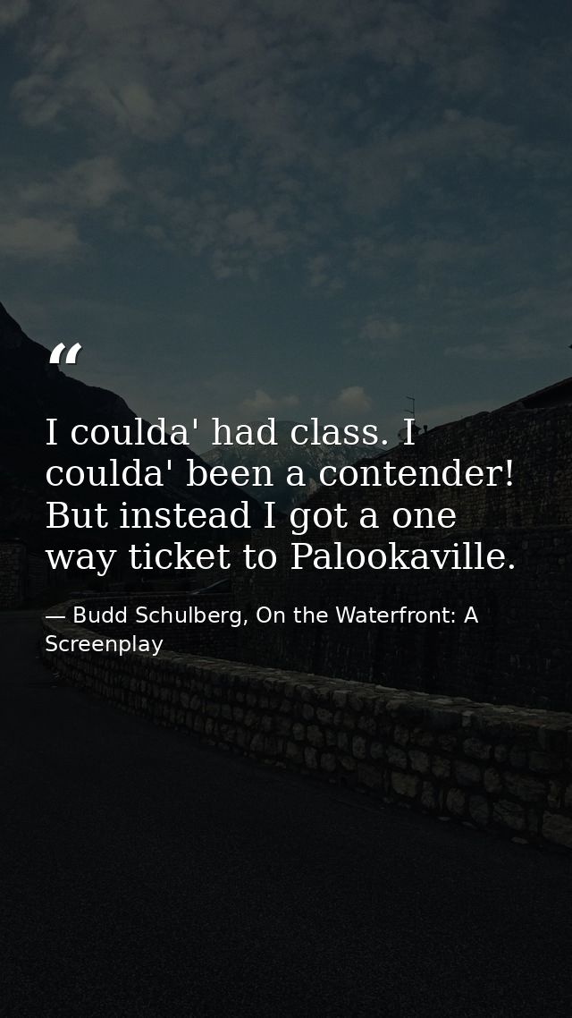 I coulda' had class. I coulda' been a contender! But instead I got a one way ticket to Palookaville. — Budd Schulberg, On the Waterfront: A Screenplay