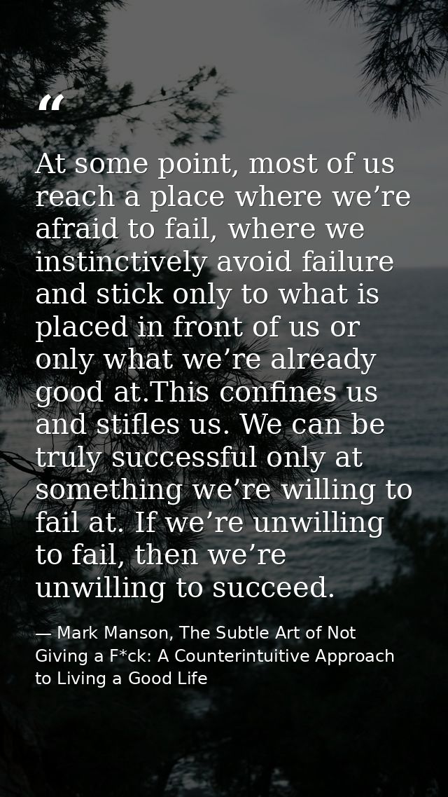 At some point, most of us reach a place where we’re afraid to fail, where we instinctively avoid failure and stick only  — Mark Manson, The Subtle Art of Not Giving a F*ck: A Counterintuitive Approach to Living a Good Life