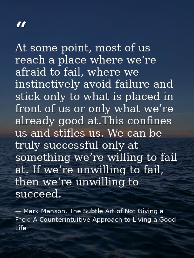 At some point, most of us reach a place where we’re afraid to fail, where we instinctively avoid failure and stick only  — Mark Manson, The Subtle Art of Not Giving a F*ck: A Counterintuitive Approach to Living a Good Life