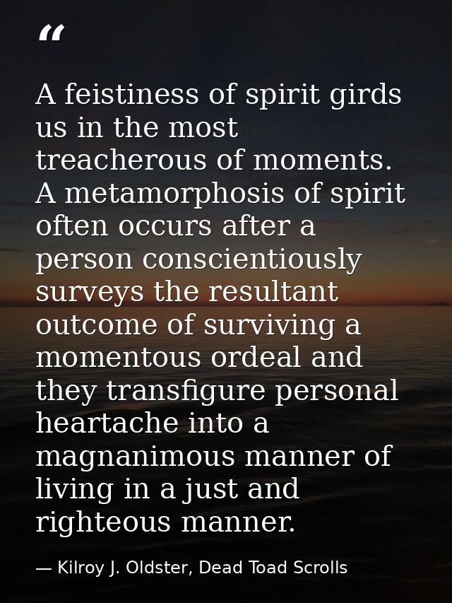 A feistiness of spirit girds us in the most treacherous of moments. A metamorphosis of spirit often occurs after a perso — Kilroy J. Oldster, Dead Toad Scrolls