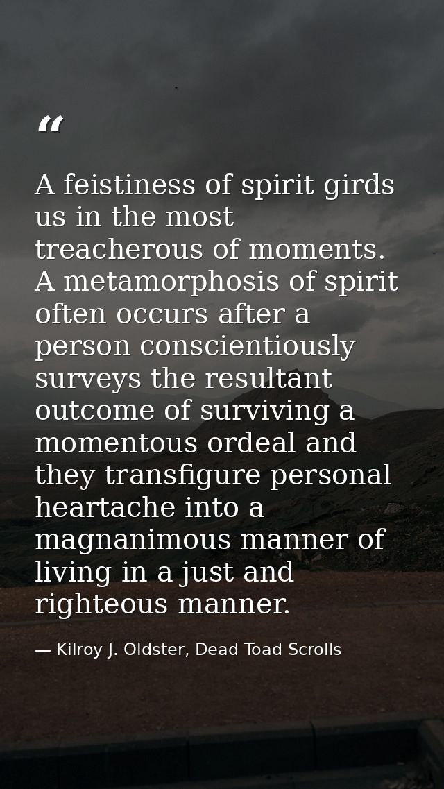 A feistiness of spirit girds us in the most treacherous of moments. A metamorphosis of spirit often occurs after a perso — Kilroy J. Oldster, Dead Toad Scrolls