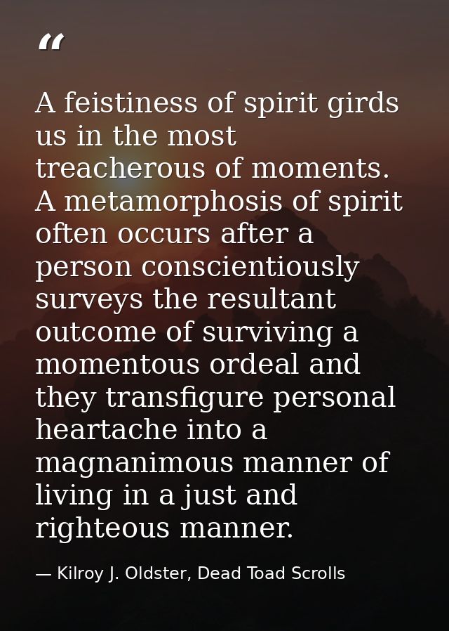 A feistiness of spirit girds us in the most treacherous of moments. A metamorphosis of spirit often occurs after a perso — Kilroy J. Oldster, Dead Toad Scrolls