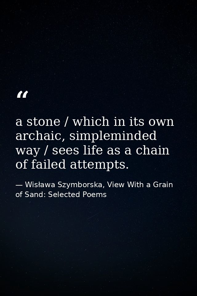 a stone / which in its own archaic, simpleminded way / sees life as a chain of failed attempts. — Wisława Szymborska, View With a Grain of Sand: Selected Poems