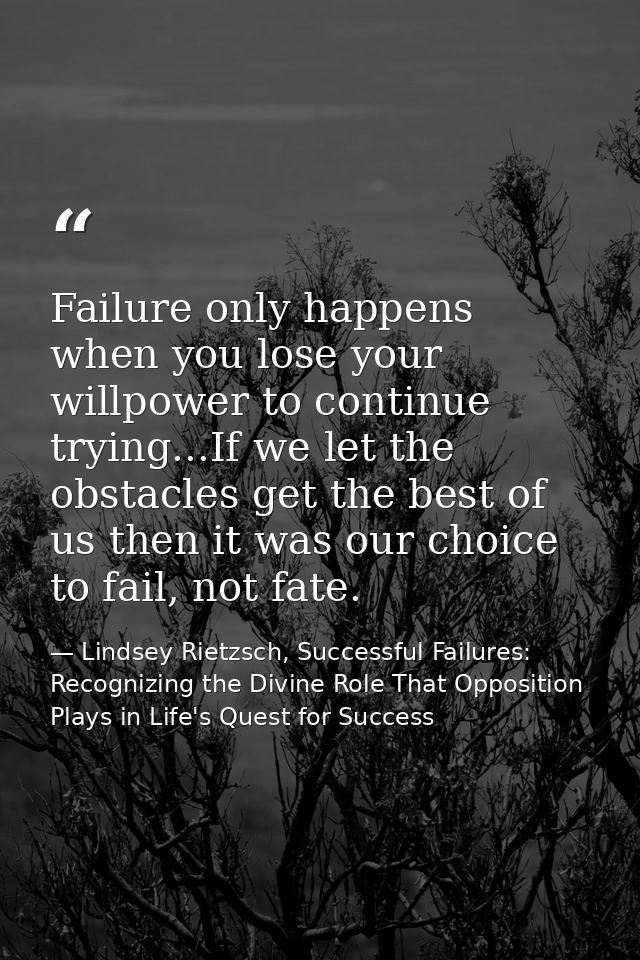 Failure only happens when you lose your willpower to continue trying...If we let the obstacles get the best of us then i — Lindsey Rietzsch, Successful Failures: Recognizing the Divine Role That Opposition Plays in Life's Quest for Success