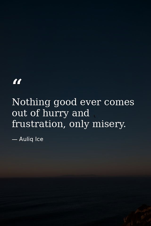 Nothing good ever comes out of hurry and frustration, only misery. — Auliq Ice