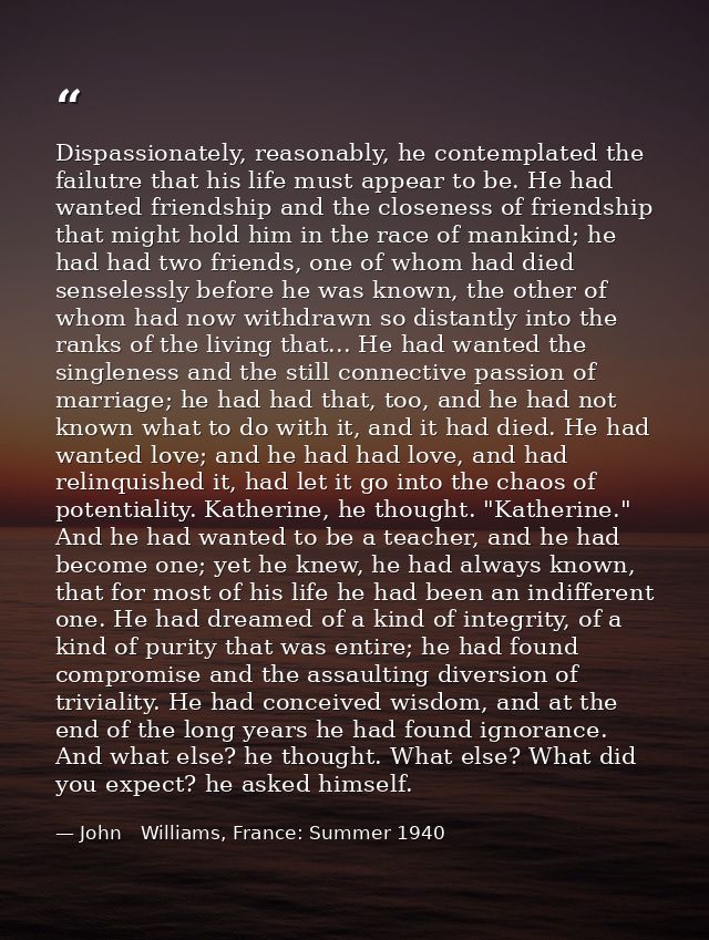 Dispassionately, reasonably, he contemplated the failutre that his life must appear to be. He had wanted friendship and  — John   Williams, France: Summer 1940