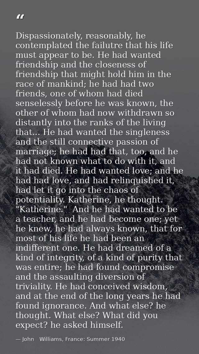 Dispassionately, reasonably, he contemplated the failutre that his life must appear to be. He had wanted friendship and  — John   Williams, France: Summer 1940