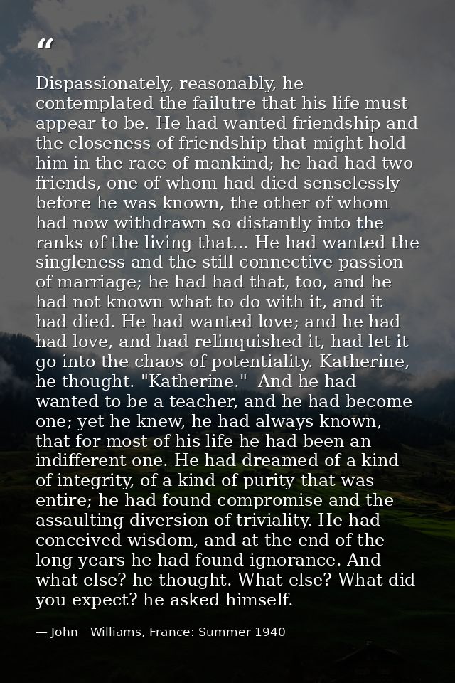 Dispassionately, reasonably, he contemplated the failutre that his life must appear to be. He had wanted friendship and  — John   Williams, France: Summer 1940