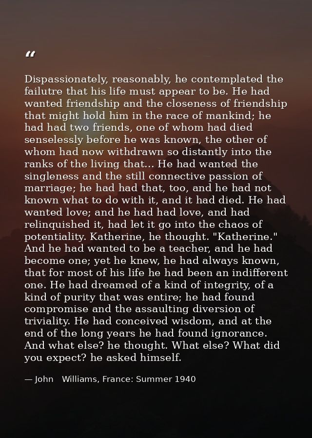 Dispassionately, reasonably, he contemplated the failutre that his life must appear to be. He had wanted friendship and  — John   Williams, France: Summer 1940
