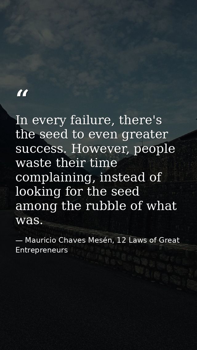In every failure, there's the seed to even greater success. However, people waste their time complaining, instead of loo — Mauricio Chaves Mesén, 12 Laws of Great Entrepreneurs
