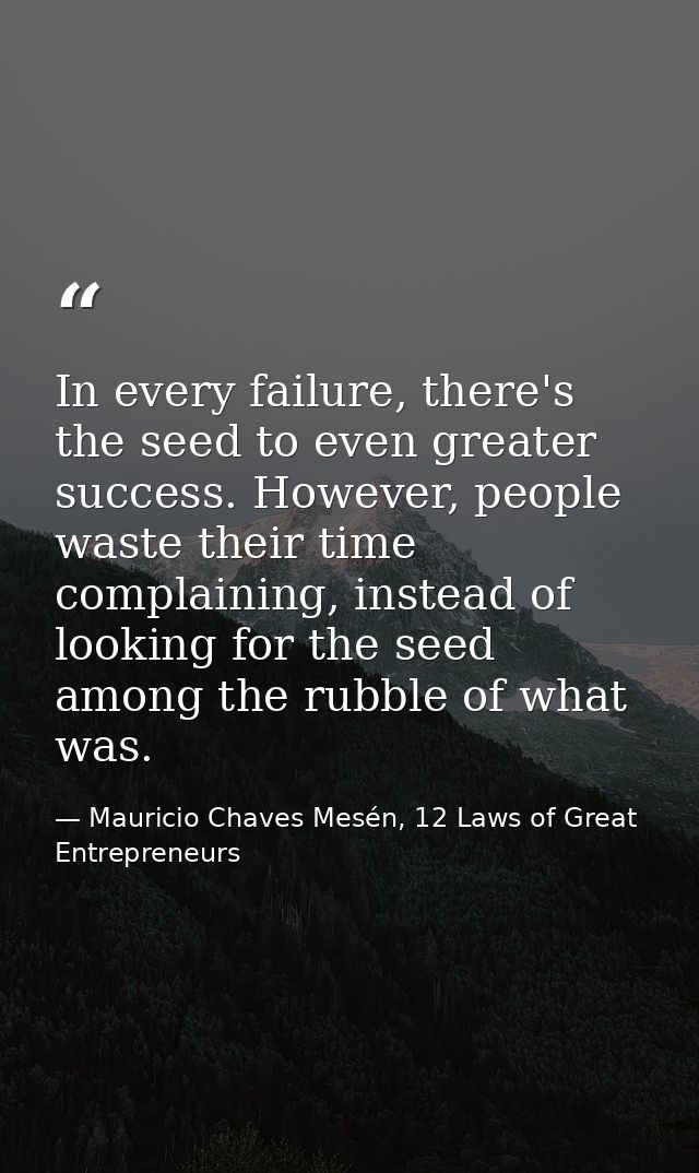 In every failure, there's the seed to even greater success. However, people waste their time complaining, instead of loo — Mauricio Chaves Mesén, 12 Laws of Great Entrepreneurs