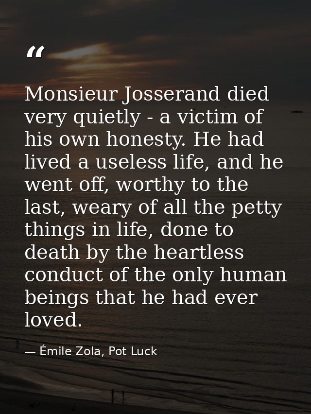 Monsieur Josserand died very quietly - a victim of his own honesty. He had lived a useless life, and he went off, worthy — Émile Zola, Pot Luck