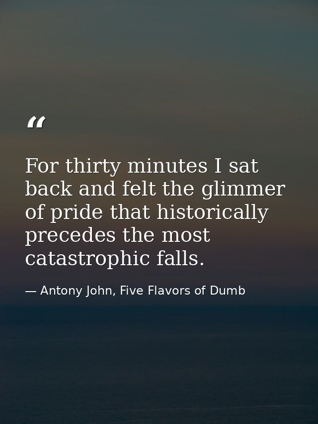 For thirty minutes I sat back and felt the glimmer of pride that historically precedes the most catastrophic falls. — Antony John, Five Flavors of Dumb