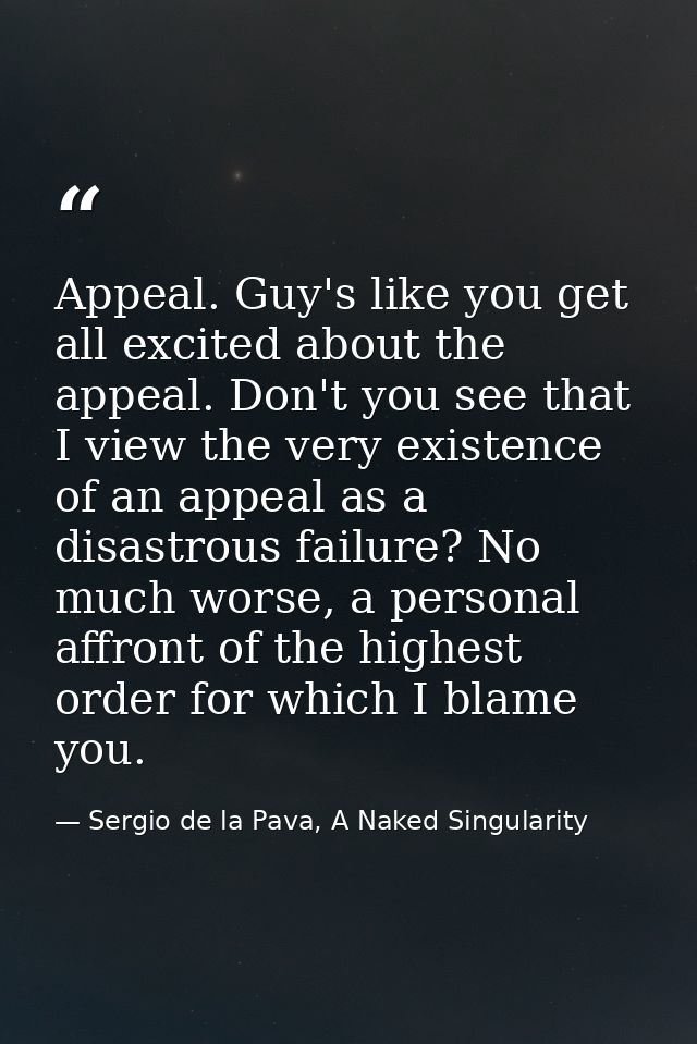Appeal. Guy's like you get all excited about the appeal. Don't you see that I view the very existence of an appeal as a  — Sergio de la Pava, A Naked Singularity