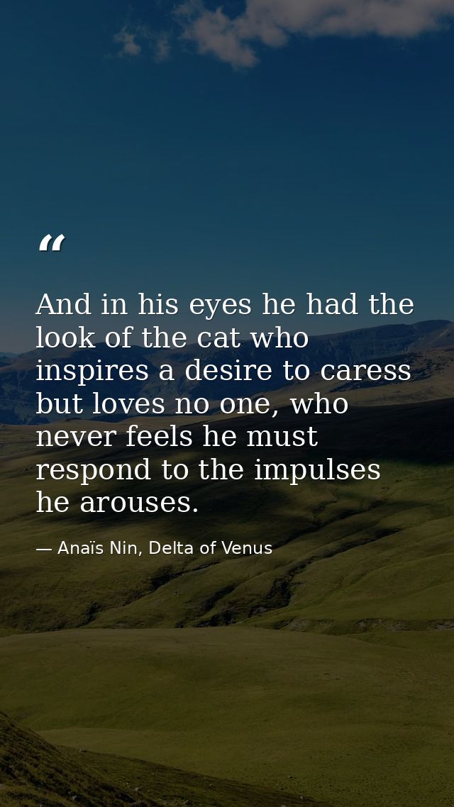 And in his eyes he had the look of the cat who inspires a desire to caress but loves no one, who never feels he must res — Anaïs Nin, Delta of Venus