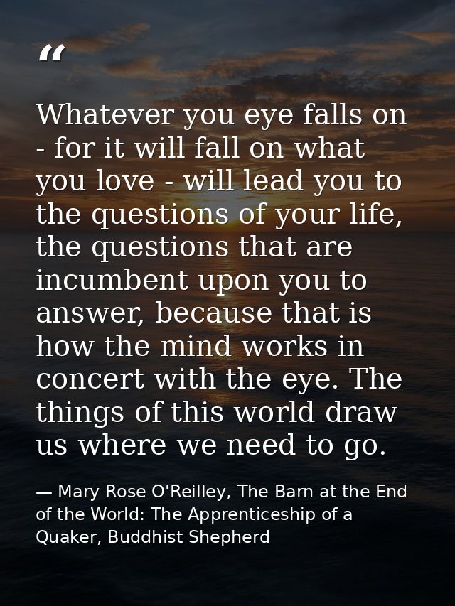 Whatever you eye falls on - for it will fall on what you love - will lead you to the questions of your life, the questio — Mary Rose O'Reilley, The Barn at the End of the World: The Apprenticeship of a Quaker, Buddhist Shepherd