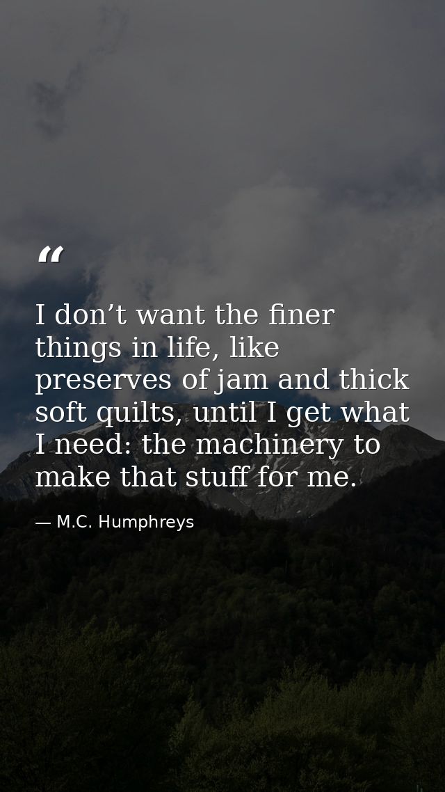 I don’t want the finer things in life, like preserves of jam and thick soft quilts, until I get what I need: the machine — M.C. Humphreys