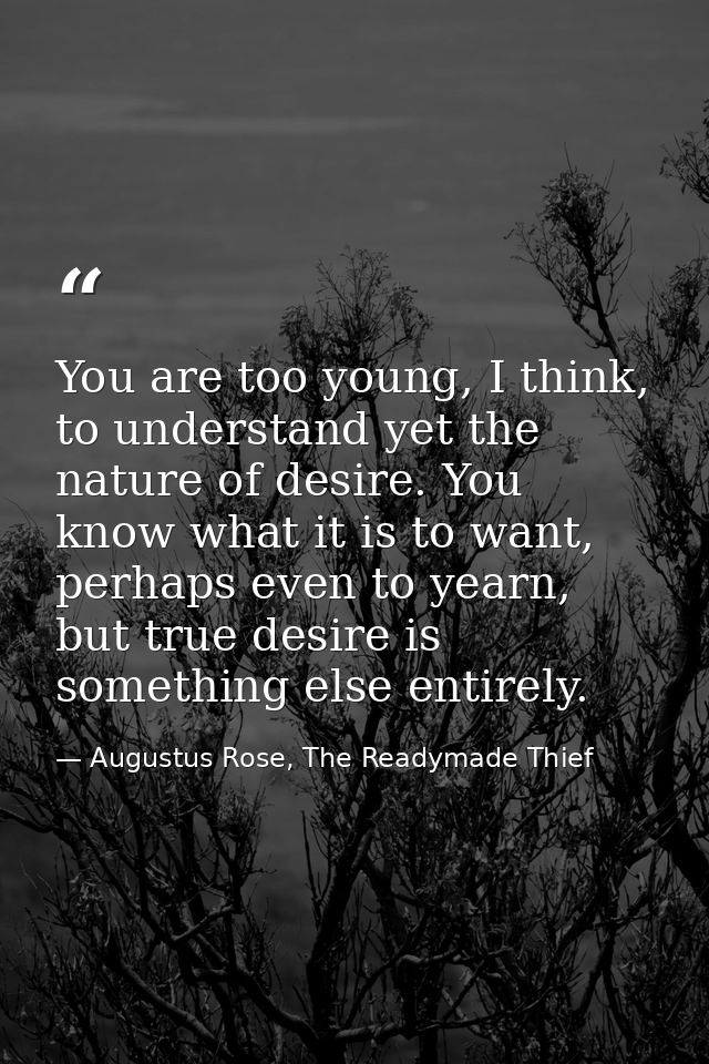 You are too young, I think, to understand yet the nature of desire. You know what it is to want, perhaps even to yearn,  — Augustus Rose, The Readymade Thief