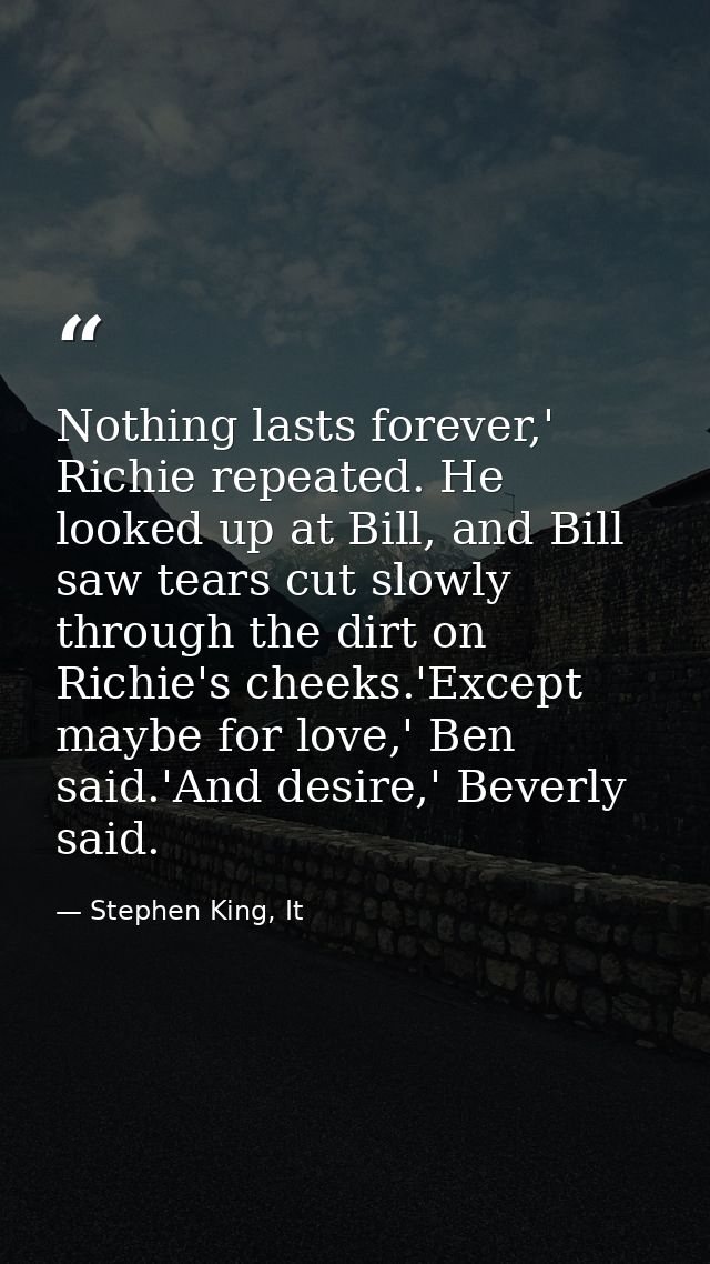 Nothing lasts forever,' Richie repeated. He looked up at Bill, and Bill saw tears cut slowly through the dirt on Richie' — Stephen King, It