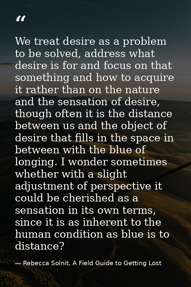 We treat desire as a problem to be solved, address what desire is for and focus on that something and how to acquire it  — Rebecca Solnit, A Field Guide to Getting Lost