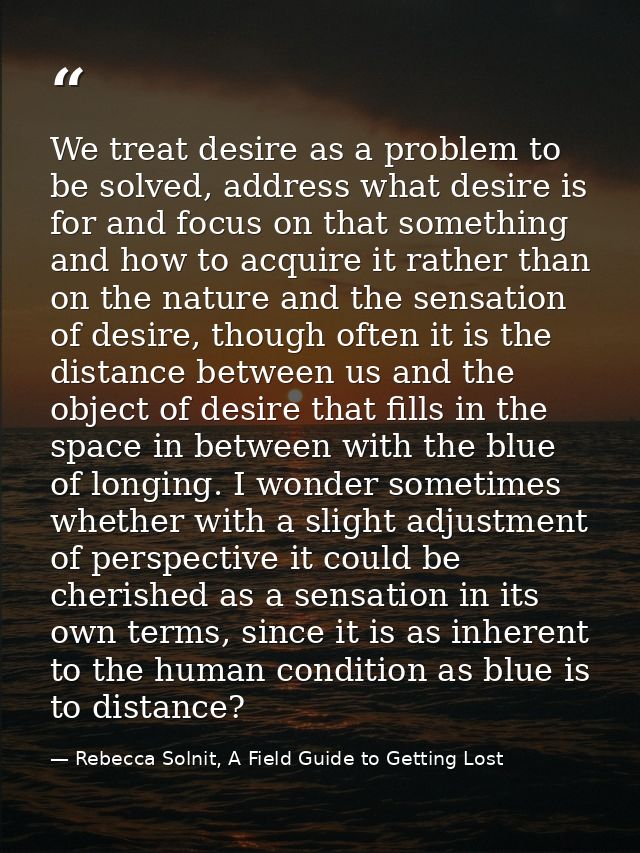 We treat desire as a problem to be solved, address what desire is for and focus on that something and how to acquire it  — Rebecca Solnit, A Field Guide to Getting Lost