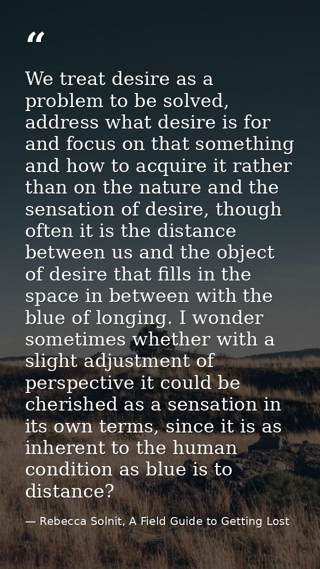 We treat desire as a problem to be solved, address what desire is for and focus on that something and how to acquire it  — Rebecca Solnit, A Field Guide to Getting Lost