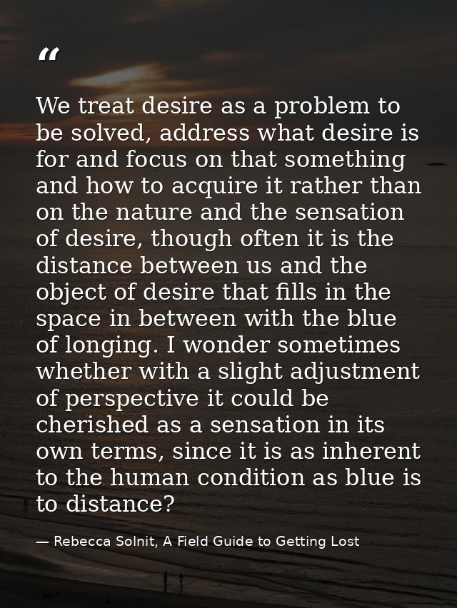 We treat desire as a problem to be solved, address what desire is for and focus on that something and how to acquire it  — Rebecca Solnit, A Field Guide to Getting Lost