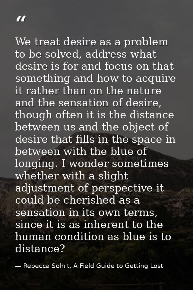 We treat desire as a problem to be solved, address what desire is for and focus on that something and how to acquire it  — Rebecca Solnit, A Field Guide to Getting Lost