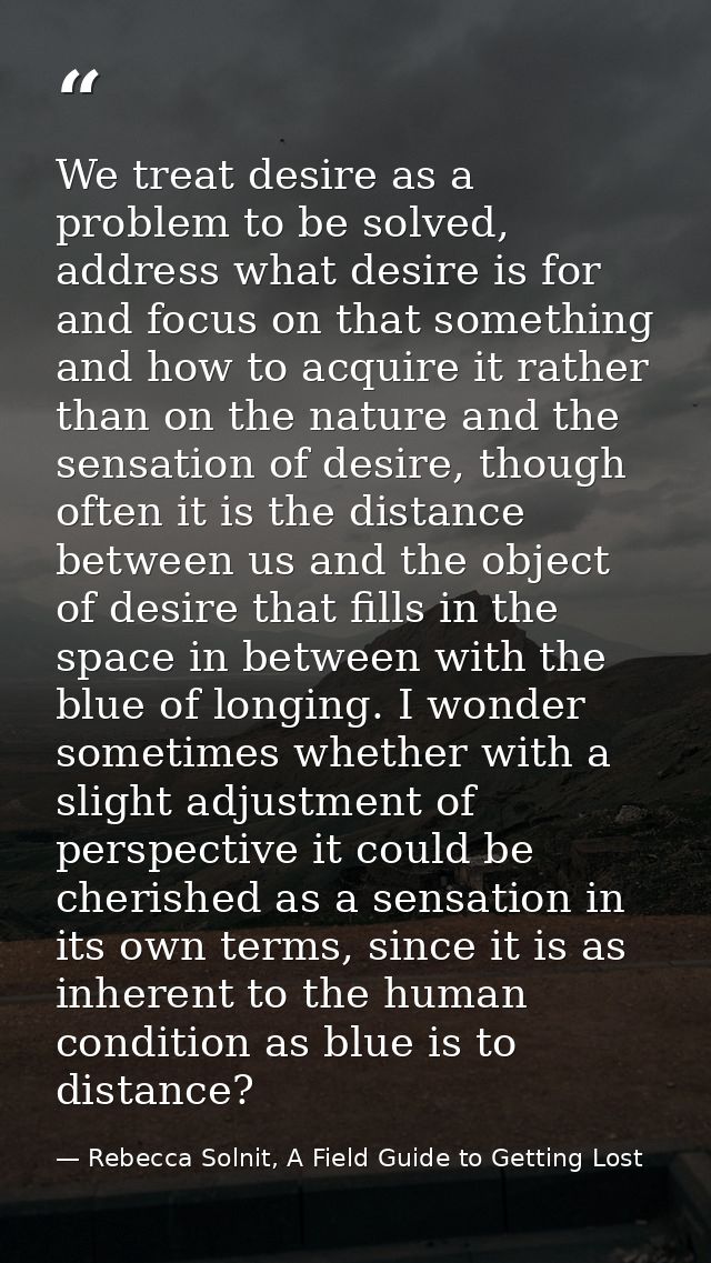 We treat desire as a problem to be solved, address what desire is for and focus on that something and how to acquire it  — Rebecca Solnit, A Field Guide to Getting Lost