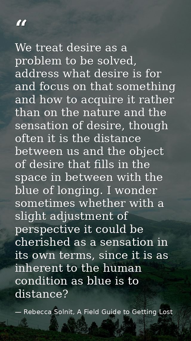 We treat desire as a problem to be solved, address what desire is for and focus on that something and how to acquire it  — Rebecca Solnit, A Field Guide to Getting Lost