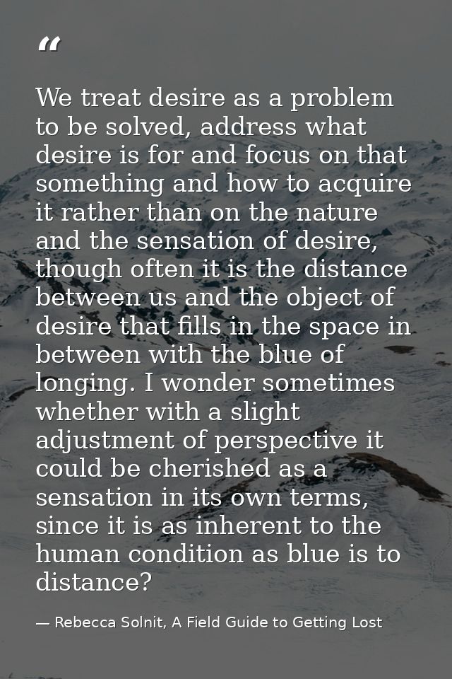 We treat desire as a problem to be solved, address what desire is for and focus on that something and how to acquire it  — Rebecca Solnit, A Field Guide to Getting Lost
