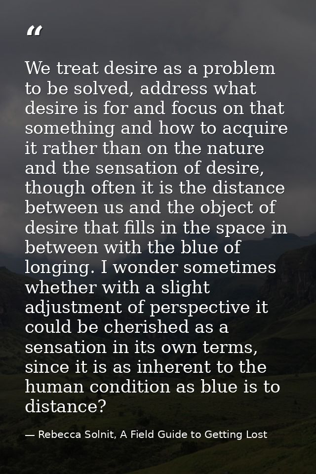 We treat desire as a problem to be solved, address what desire is for and focus on that something and how to acquire it  — Rebecca Solnit, A Field Guide to Getting Lost