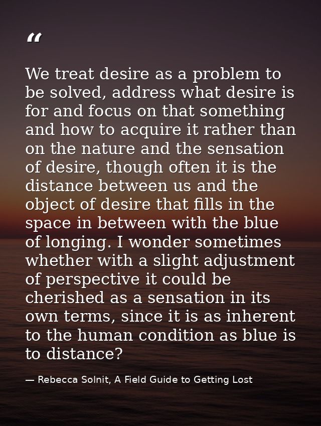 We treat desire as a problem to be solved, address what desire is for and focus on that something and how to acquire it  — Rebecca Solnit, A Field Guide to Getting Lost