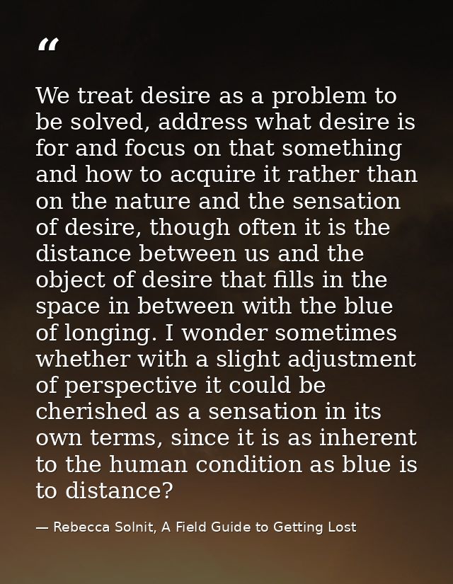 We treat desire as a problem to be solved, address what desire is for and focus on that something and how to acquire it  — Rebecca Solnit, A Field Guide to Getting Lost