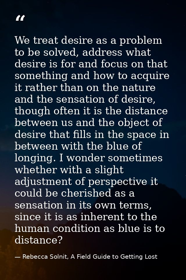 We treat desire as a problem to be solved, address what desire is for and focus on that something and how to acquire it  — Rebecca Solnit, A Field Guide to Getting Lost