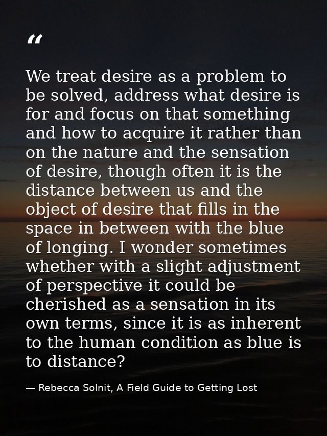 We treat desire as a problem to be solved, address what desire is for and focus on that something and how to acquire it  — Rebecca Solnit, A Field Guide to Getting Lost
