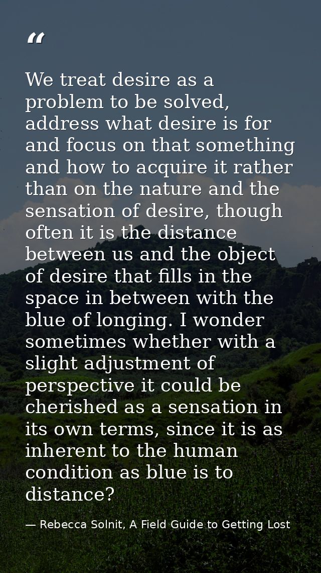 We treat desire as a problem to be solved, address what desire is for and focus on that something and how to acquire it  — Rebecca Solnit, A Field Guide to Getting Lost